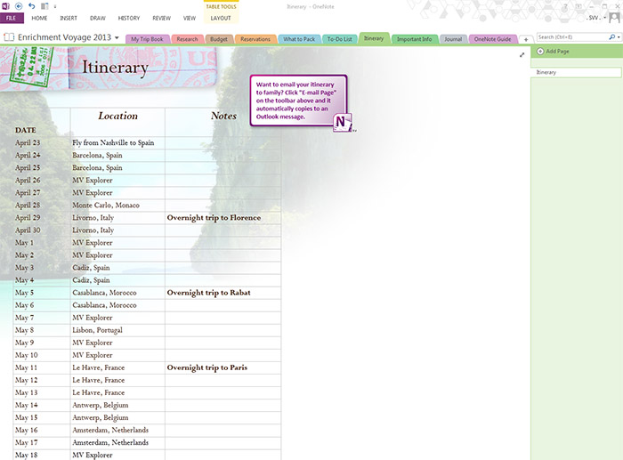 Using OneNote for trip planning