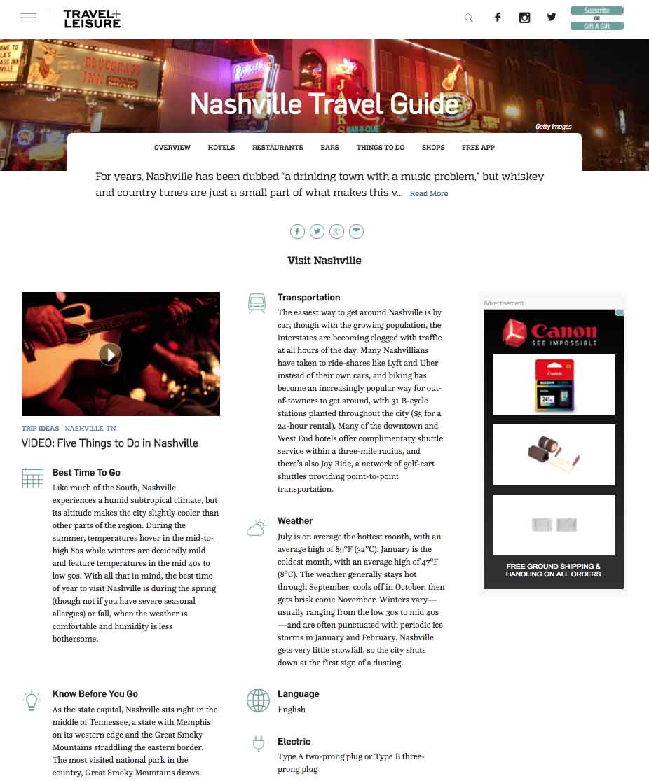 Travel + Leisure: Nashville Travel Guide