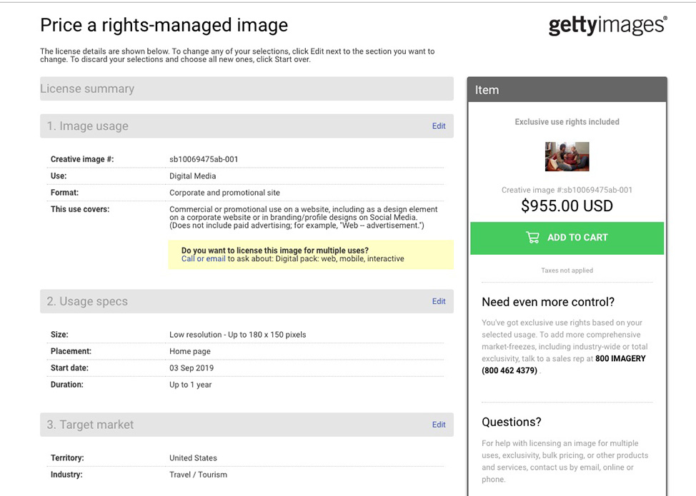 Getty Images pricing calculator