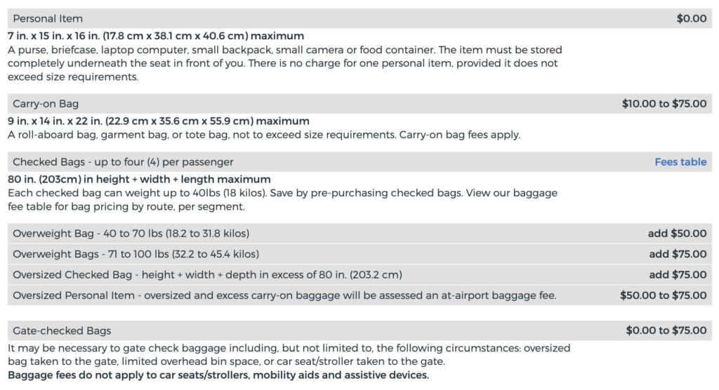 Baggage policy for Allegiant Air