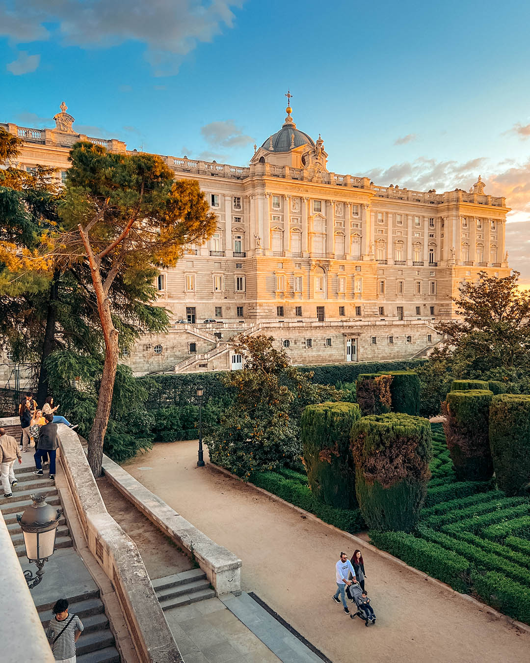 Aerial view of the manicured Sabatini Gardens next to the Royal Palace of Madrid.