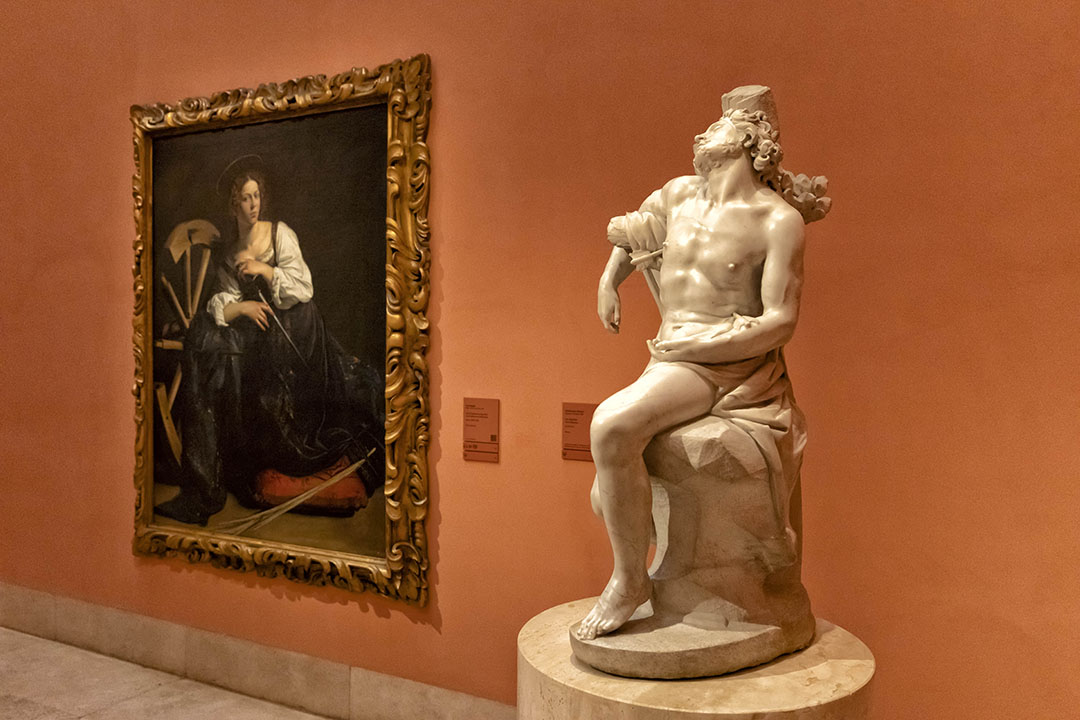 Interior gallery of the Thyssen-Bornemisza Museum in Madrid, featuring world-class European art masterpieces in a modern setting.